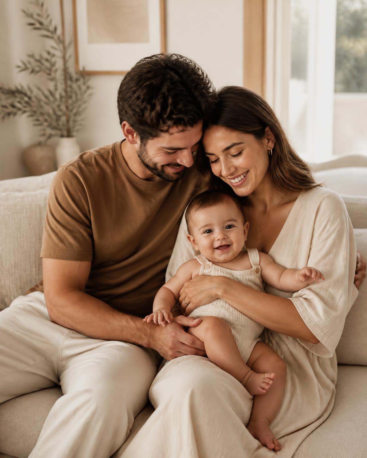 Parents holding their smiling baby on a linen sofa in morning light