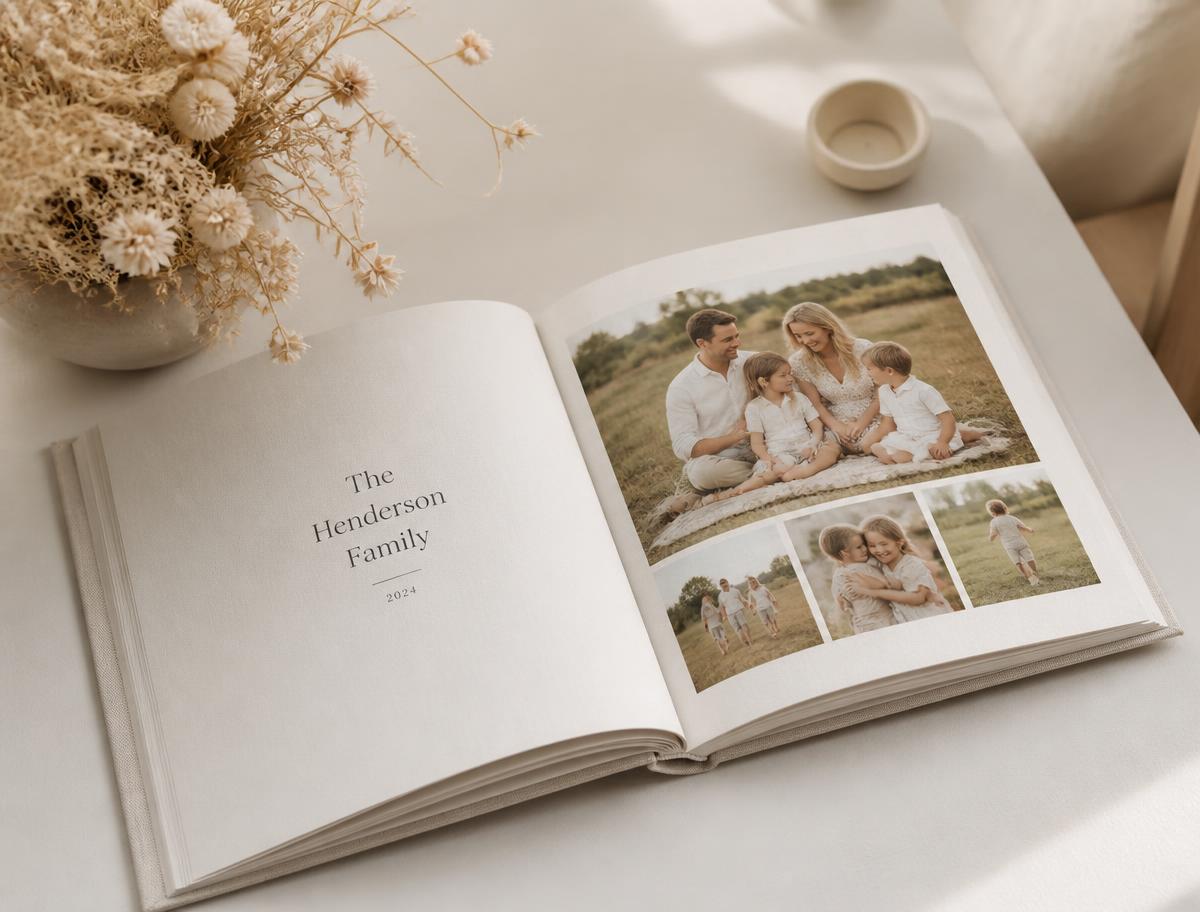 An open linen-bound family photo book on a cream table